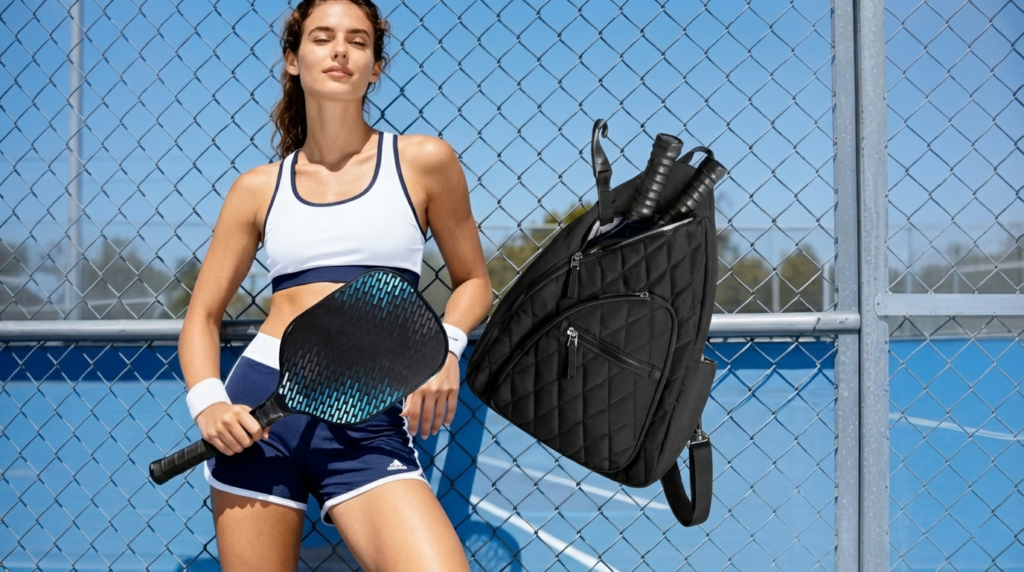 a Female Player Carrying the Professional Black Pickleball Backpack with Thermal Insulated Paddle Pocket on a Court. - Fmosbag - Custom Sports Bags (cycling/camping/fitness) - Fmosbag - Custom Sports Bags (cycling/camping/fitness)
