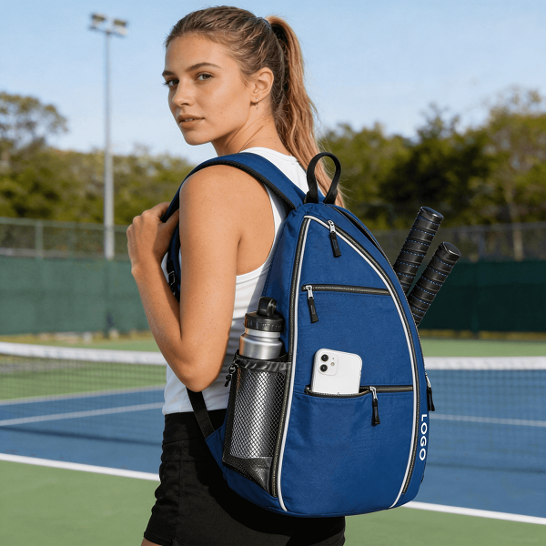 Female Athlete Carrying Blue Fmosbag Pickleball Sling Bag at Outdoor Court – Reversible Strap, Court-ready Design - Fmosbag - Custom Sports Bags (cycling/camping/fitness)