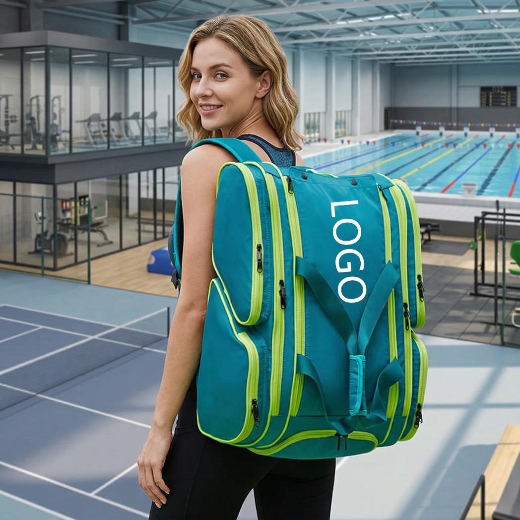 Custom-pickleball-bag-lifestyle-model - Fmosbag - Custom Sports Bags (cycling/camping/fitness) Professional Model Carrying Custom Pickleball Bag in Outdoor Sports Court - Fmosbag - Custom Sports Bags (cycling/camping/fitness)