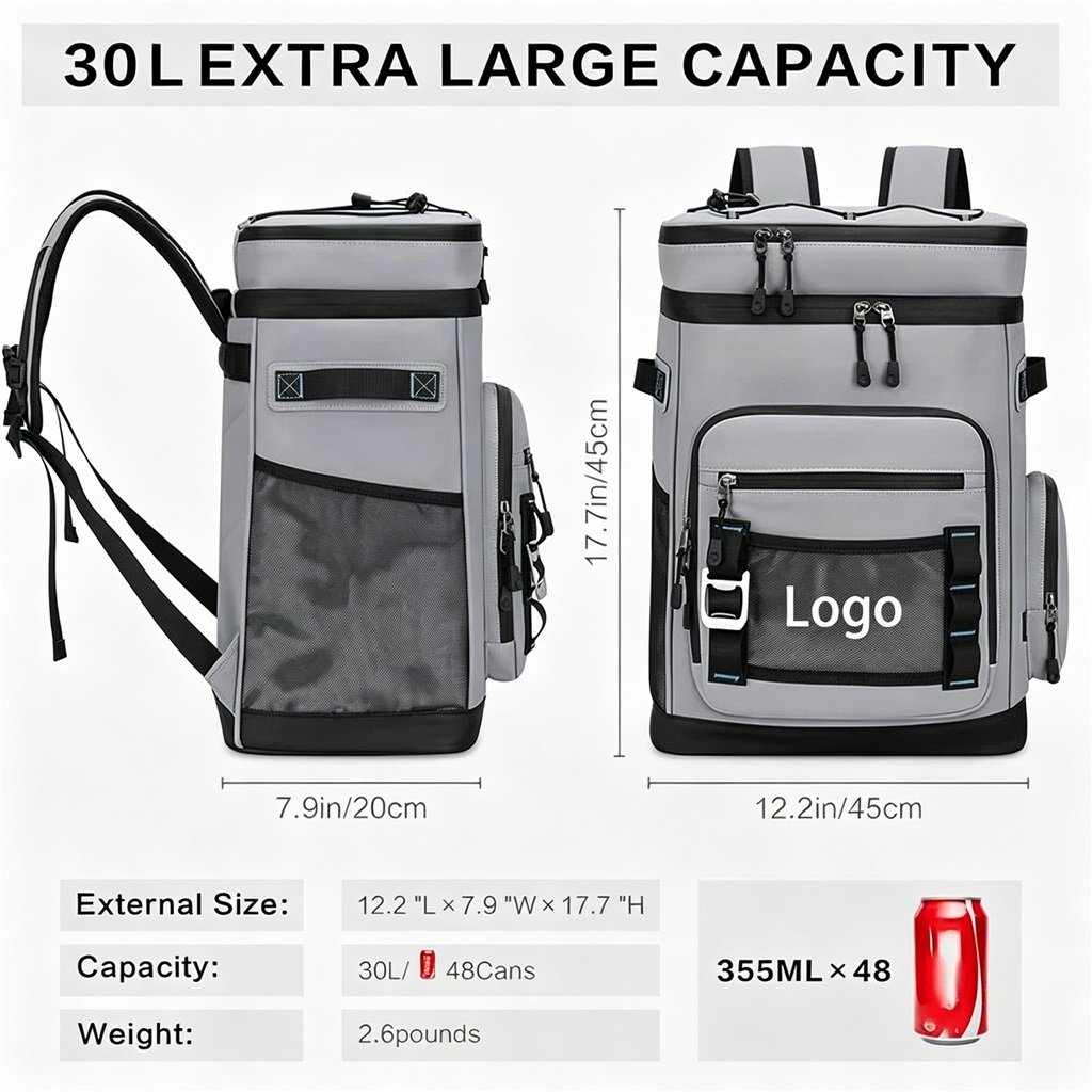 30l Capacity & Dimension Guide | Cooler Bag Backpack for Picnic - Fmosbag - Custom Sports Bags (cycling/camping/fitness) Cooler Bag Backpack for Picnic, 30l Extra Large Capacity Size Chart with 48 Cans Capacity Measurement - Fmosbag - Custom Sports Bags (cycling/camping/fitness)