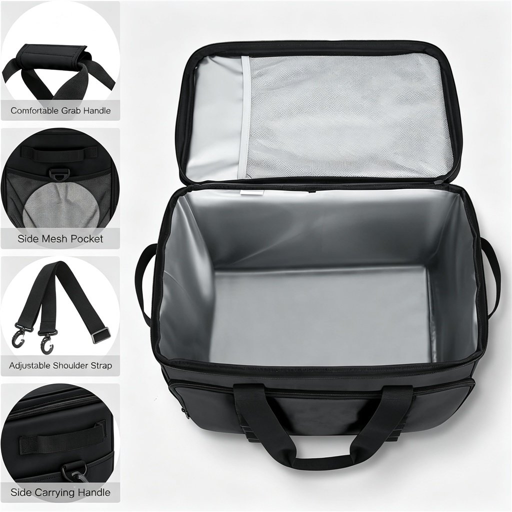 Interior Structure & Carry Accessories | Travel Collapsible Cooler Bag - Fmosbag - Custom Sports Bags (cycling/camping/fitness) Collapsible Cooler Bag for Travel, Leak-proof Interior Lining and Carry Accessories Detail Display - Fmosbag - Custom Sports Bags (cycling/camping/fitness)