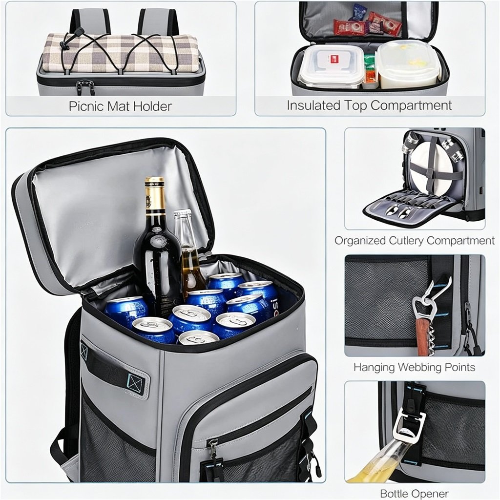 All-in-one Multi-pocket Design | Picnic Cooler Backpack - Fmosbag - Custom Sports Bags (cycling/camping/fitness) Cooler Bag Backpack for Picnic, Multi Functional Compartments Display with Picnic Mat Holder and Cutlery Pocket - Fmosbag - Custom Sports Bags (cycling/camping/fitness)
