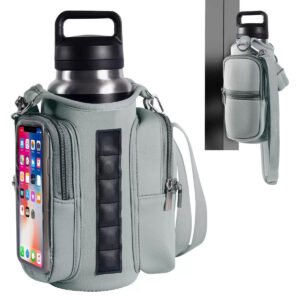 Magnetic Water Bottle Holder with Touch Screen Phone Pocket, Light Gray Neoprene Gym Bottle Carrier - Fmosbag - Custom Sports Bags (cycling/camping/fitness)