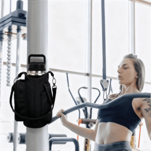 Magnetic Water Bottle Bag Attached to White Metal Pole in Gym, Woman Athlete Lifting Barbell, Bright Gym Window Background - Fmosbag - Oem Bag Manufacturer & Custom Bag Factory