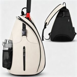Pickleball Sling Bag with Quick-access Paddle Pocket, Beige Front View with Black Back Display - Fmosbag - Custom Sports Bags (cycling/camping/fitness)