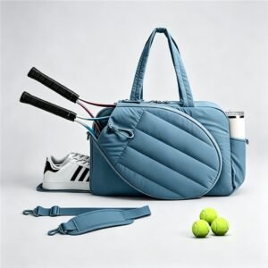 Pickleball Tote Bag with External Paddle Holder, Blue Quilted Gym Bag with Rackets, Sneakers and Detachable Strap - Fmosbag - Custom Sports Bags (cycling/camping/fitness)