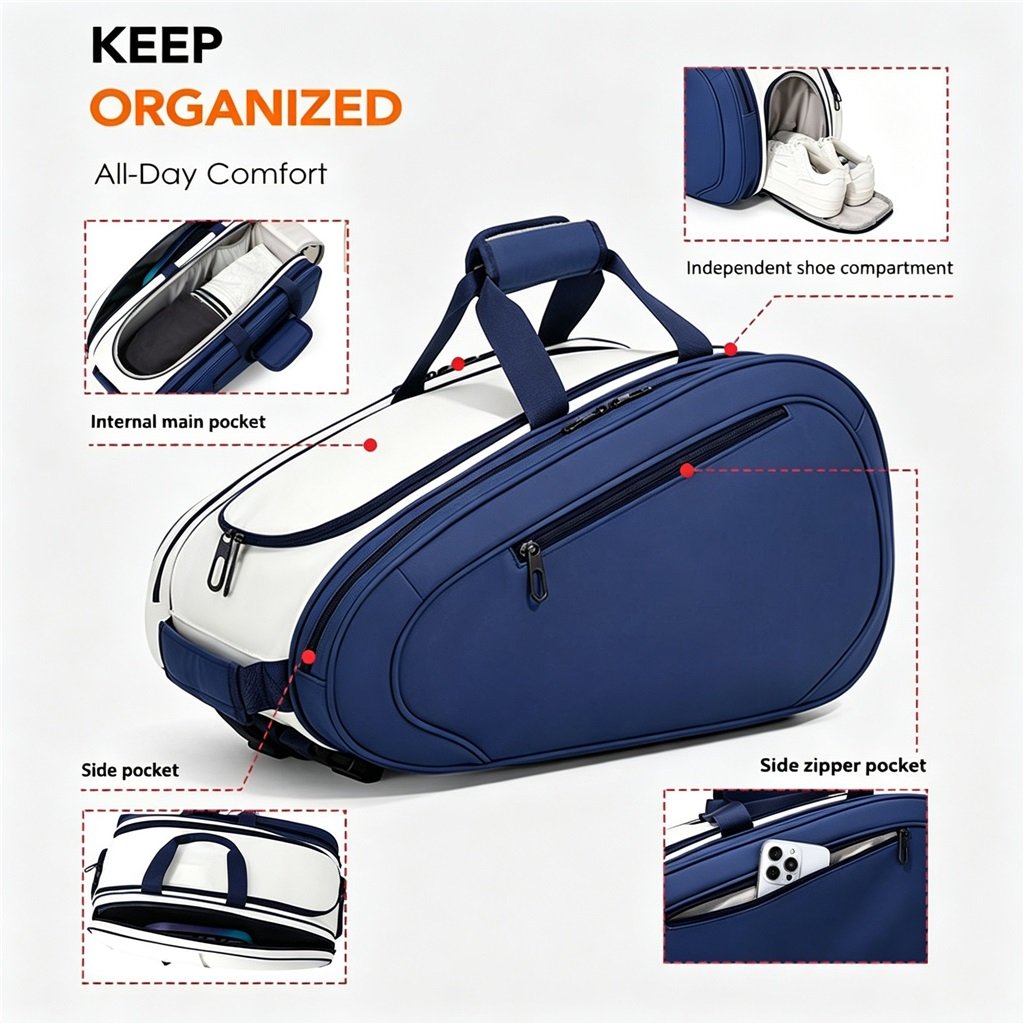 Organized Multi-compartment Design | Pickleball Backpack with Shoe Compartment - Fmosbag - Custom Sports Bags (cycling/camping/fitness) Pickleball Backpack Bag with Shoe Compartment Multi Compartment Storage Structure Diagram - Fmosbag - Custom Sports Bags (cycling/camping/fitness)
