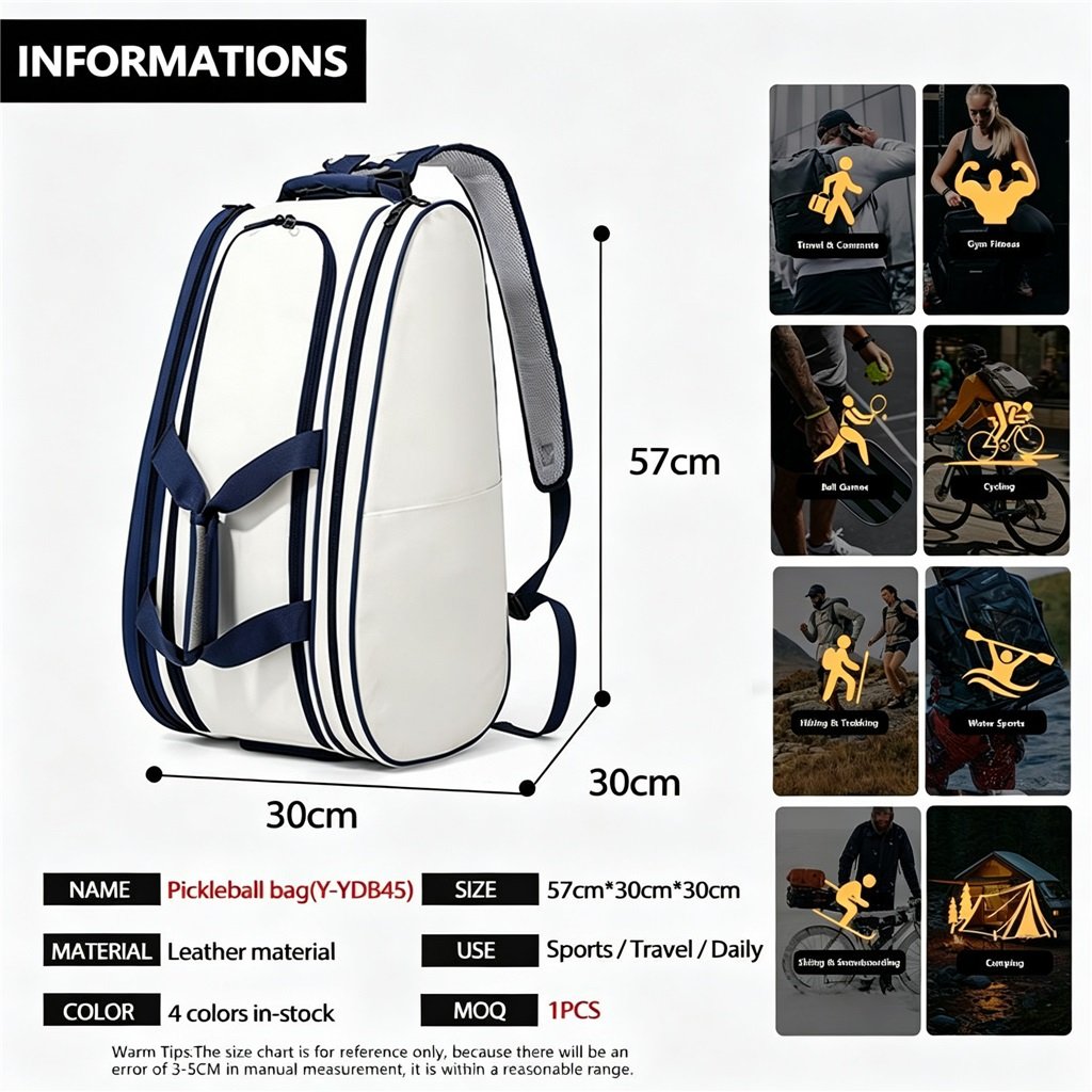 Product Specifications & Multi-scenario Application | Pickleball Backpack Bag - Fmosbag - Custom Sports Bags (cycling/camping/fitness) Pickleball Backpack Bag with Shoe Compartment Size 57x30x30cm Multi Application Scenarios - Fmosbag - Custom Sports Bags (cycling/camping/fitness)