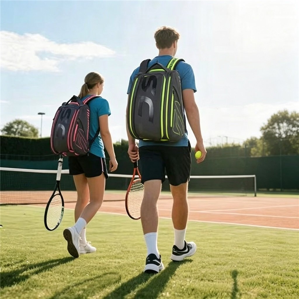 Outdoor Sports Scenario | Pickleball Backpack Bag for Training & Matches - Fmosbag - Custom Sports Bags (cycling/camping/fitness) Pickleball Backpack Bag with Shoe Compartment Outdoor Tennis Court Carrying Scene - Fmosbag - Custom Sports Bags (cycling/camping/fitness)