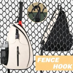 Real Court Usage Scenario | Pickleball Sling Bag with Fence Hook - Fmosbag - Oem Bag Manufacturer & Custom Bag Factory Pickleball Sling Bag with Quick-access Paddle Pocket Hanging on Court Fence Hook Usage Scene - Fmosbag - Oem Bag Manufacturer & Custom Bag Factory