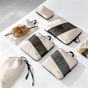 6 Piece Compression Packing Cubes Set for Travel, Beige Full Set Travel Organizer Bags Flat Lay - Fmosbag - Custom Sports Bags (cycling/camping/fitness)