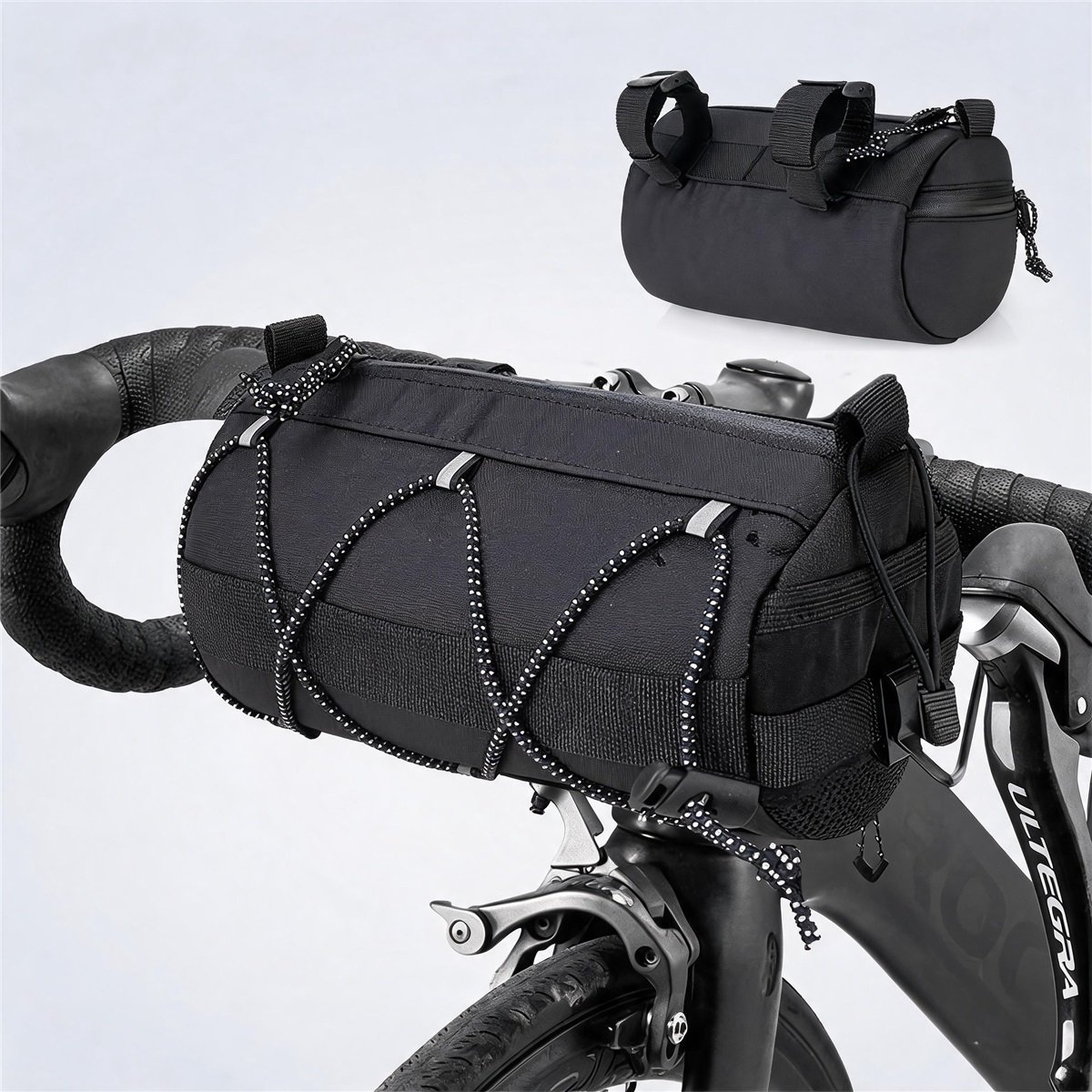 Fmosbag Waterproof Bike Handlebar Bag | Main Installed Hero View - Fmosbag - Custom Sports Bags (cycling/camping/fitness) Waterproof Bike Handlebar Bag 600d Cylindrical Front Pouch Mounted on Road Bike Handlebar Black - Fmosbag - Custom Sports Bags (cycling/camping/fitness)