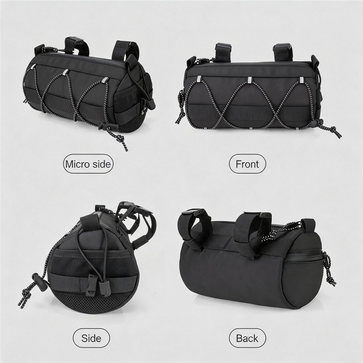Waterproof Bike Handlebar Bag 4-side Multi-angle Collage Gallery - Fmosbag - Custom Sports Bags (cycling/camping/fitness) Waterproof Bike Handlebar Bag Four Angle Collage Front Back Side Micro Side Multi View Cycling Pouch - Fmosbag - Custom Sports Bags (cycling/camping/fitness)