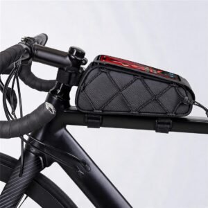 Bike Top Tube Bag on Road Bike Top Tube, Phone with Red Screen in Tpu Window, Diamond Bungee Net, Two Velcro Straps, Black Drop Handlebars - Fmosbag - Oem Bag Manufacturer & Custom Bag Factory