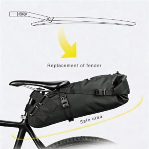 Black Bikepacking Saddle Bag on Bicycle Replacing Rear Fender, Line Drawing of Fender with Yellow Arrow, Replacement of Fender Text, Yellow Safe Area Curve Above Rear Tire - Fmosbag - Oem Bag Manufacturer & Custom Bag Factory