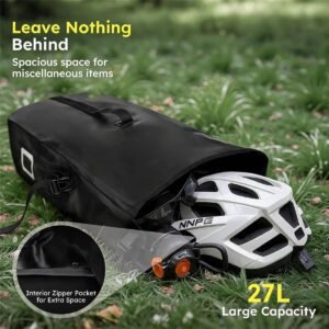 Rear Rack Pannier 27l Large Capacity, Black Bag Open on Grass Holding White Nnpg Bike Helmet and Rear Light, Interior Zipper Pocket Inset, Leave Nothing Behind - Fmosbag - Oem Bag Manufacturer & Custom Bag Factory