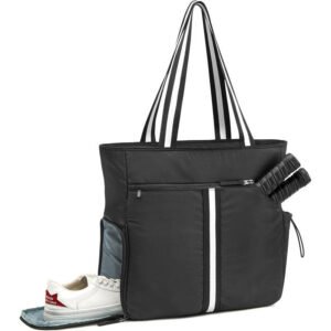 Women's Black Gym Tote Bag with Shoe Compartment and Pickleball Paddle Pockets, Striped Shoulder Straps - Fmosbag - Custom Sports Bags (cycling/camping/fitness)