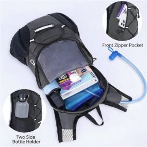 Storage Layout Cycling Hydration Backpack for Mountain Biking - Fmosbag - Oem Bag Manufacturer & Custom Bag Factory Hydration Backpack Open Showing Main Compartment Packed with Tablet, Energy Gels, Medicine, Notebook and Blue Bladder, Front Zipper Pocket with Smartphone, Two Side Mesh Bottle Holders with Grey Bottle - Fmosbag - Oem Bag Manufacturer & Custom Bag Factory