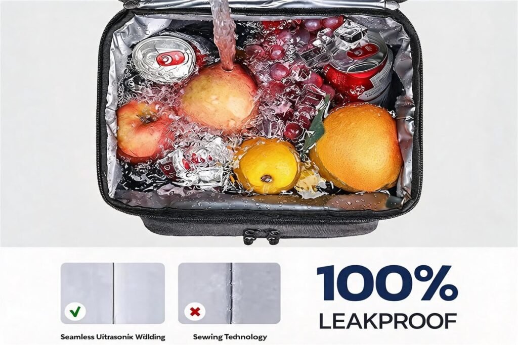 3 Layer Insulation Cooler Bag - Fmosbag - Oem Bag Manufacturer & Custom Bag Factory - Fmosbag - Oem Bag Manufacturer & Custom Bag Factory Top View of a Cooler Bag Packed with Ice, Fruit, and Cans, Demonstrating Leakproof Design. - Fmosbag - Oem Bag Manufacturer & Custom Bag Factory - Fmosbag - Oem Bag Manufacturer & Custom Bag Factory