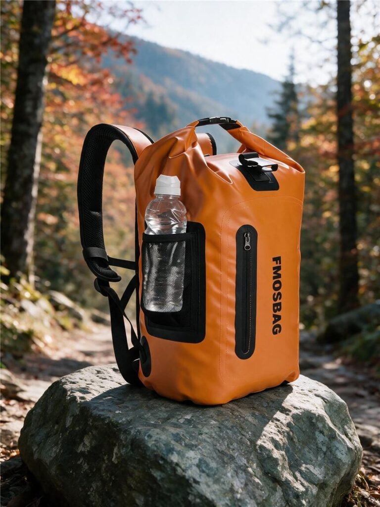 Orange Camping Dry Bag Placed on Rock in Mountain Forest, Waterproof Outdoor Gear for Hiking and Camping Storage - Fmosbag - Oem Bag Manufacturer & Custom Bag Factory