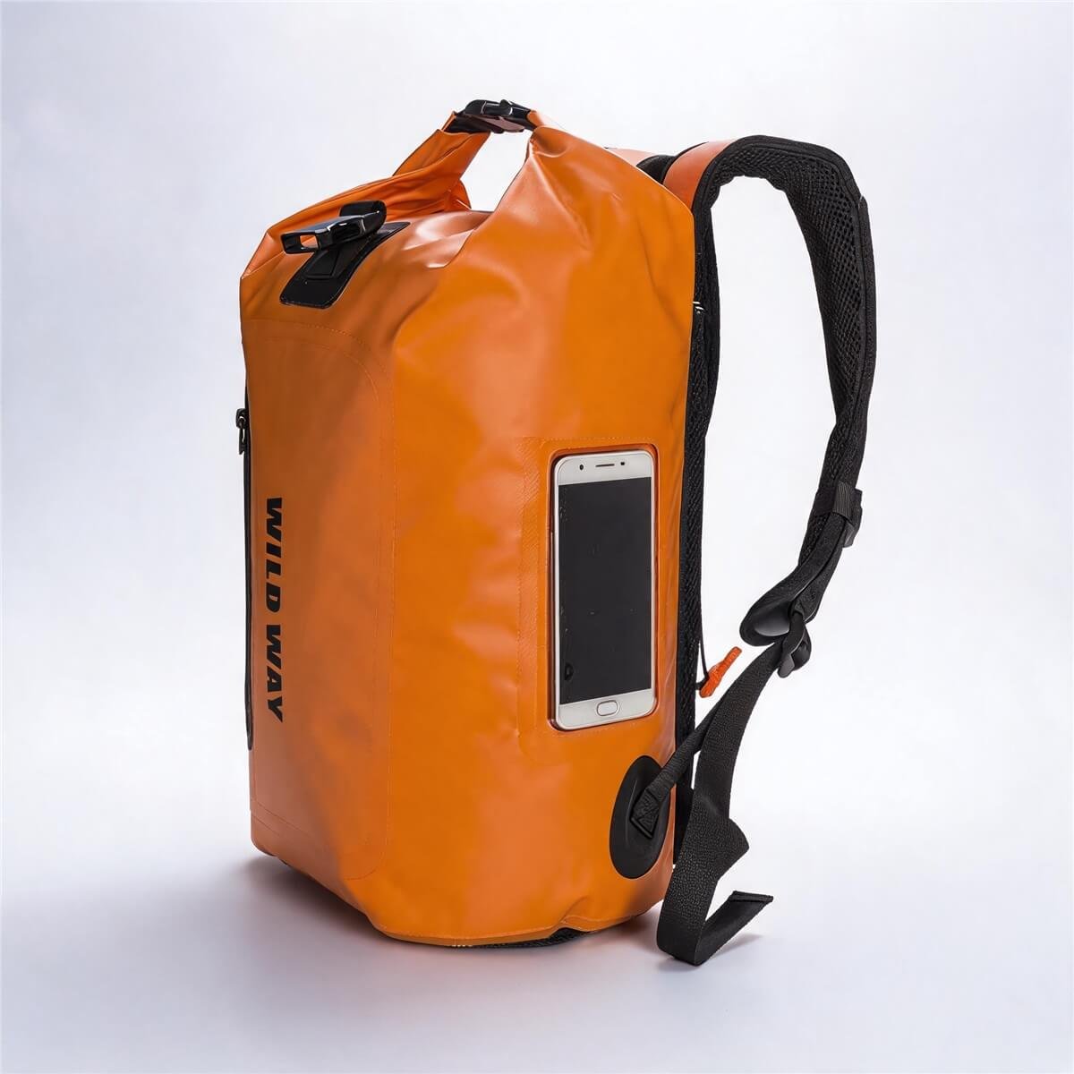Dry Duffel Bag with Transparent Touch-screen Phone Window - Fmosbag - Oem Bag Manufacturer & Custom Bag Factory Dry Duffel Bag Side View with Transparent Touchscreen Waterproof Phone Pocket - Fmosbag - Oem Bag Manufacturer & Custom Bag Factory