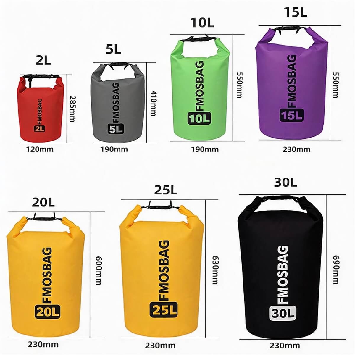 Waterproof Dry Bags for Camping Size Dimension Chart - Fmosbag - Oem Bag Manufacturer & Custom Bag Factory Size Dimension Chart for Fmosbag Waterproof Dry Bags for Camping 2l‑30l Roll‑top Dry Sack - Fmosbag - Oem Bag Manufacturer & Custom Bag Factory