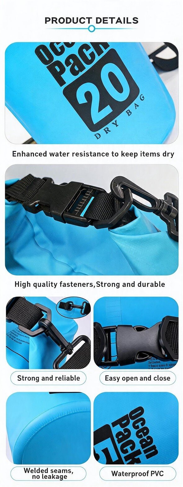 Waterproof Dry Bags for Camping Product Close‑up Details - Fmosbag - Oem Bag Manufacturer & Custom Bag Factory Fmosbag Waterproof Dry Bags for Camping Close‑up Details Buckles Welded Seams Pvc Fabric - Fmosbag - Oem Bag Manufacturer & Custom Bag Factory