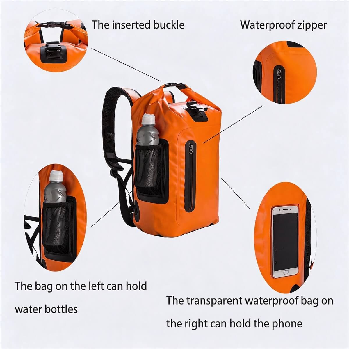 Dry Duffel Bag Key Features Explained - Fmosbag - Oem Bag Manufacturer & Custom Bag Factory Dry Duffel Bag Feature Diagram Inserted Buckle Waterproof Zipper Bottle Pocket Phone Window - Fmosbag - Oem Bag Manufacturer & Custom Bag Factory