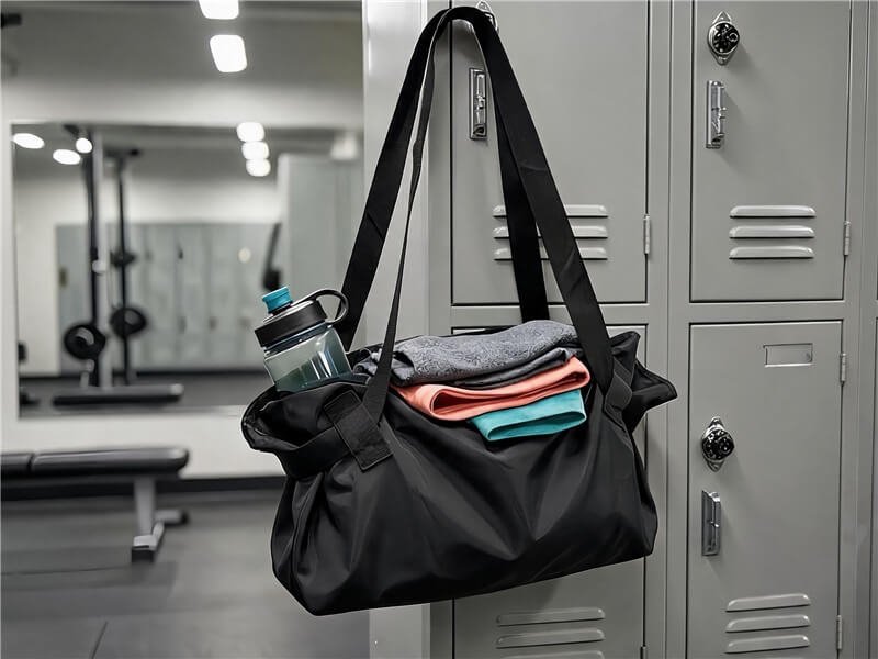 Custom Work-gym Hybrid Bags - Fmosbag - Oem Bag Manufacturer & Custom Bag Factory - Fmosbag - Oem Bag Manufacturer & Custom Bag Factory Black Work and Gym Hybrid Bag Hanging on a Metal Gym Locker - Fmosbag - Oem Bag Manufacturer & Custom Bag Factory - Fmosbag - Oem Bag Manufacturer & Custom Bag Factory