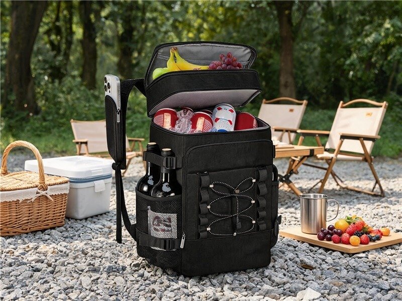 Black Soft Sided Cooler Backpack with Insulated Compartment Holding Food and Drinks at Campsite - Fmosbag - Oem Bag Manufacturer & Custom Bag Factory - Fmosbag - Oem Bag Manufacturer & Custom Bag Factory