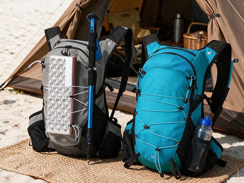 Grey and Blue Waterproof Backpacking Packs with Trekking Poles at Tent Entrance on Sandy Ground - Fmosbag - Oem Bag Manufacturer & Custom Bag Factory - Fmosbag - Oem Bag Manufacturer & Custom Bag Factory