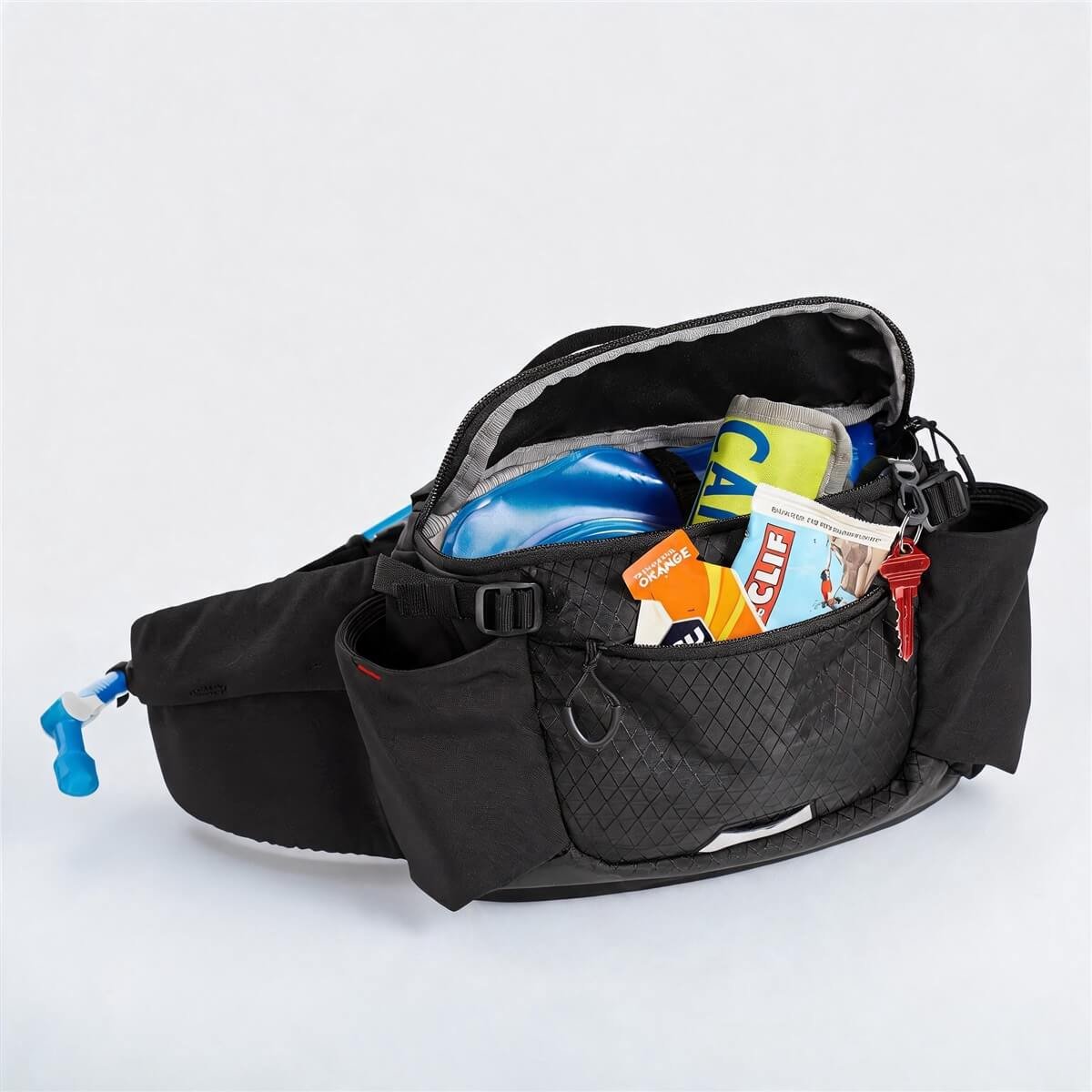 Multi‑pocket Hip Pack for Mountain Biking Interior View - Fmosbag - Oem Bag Manufacturer & Custom Bag Factory Open Hip Pack for Mountain Biking Showing Multi‑compartment Interior Storage Layout - Fmosbag - Oem Bag Manufacturer & Custom Bag Factory