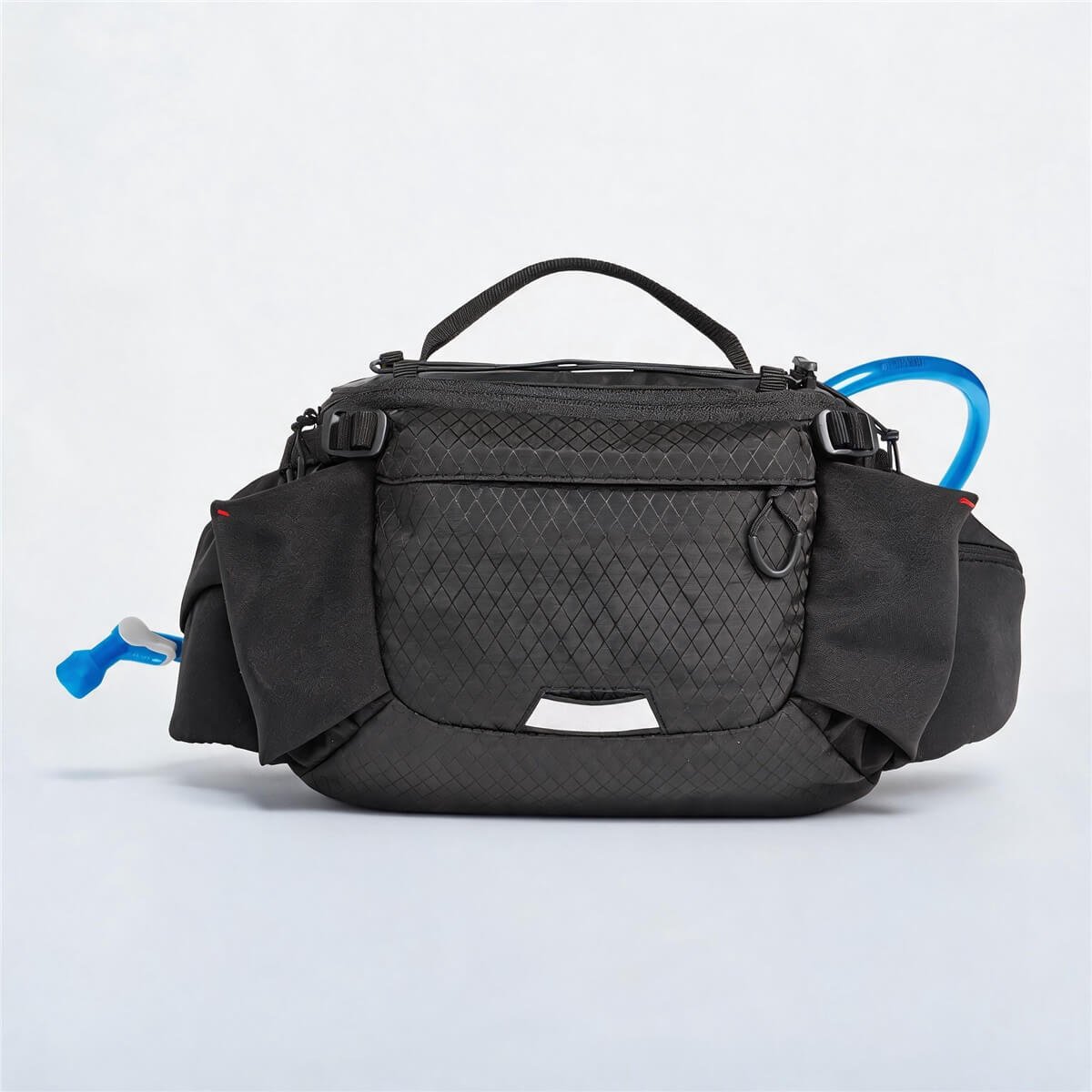 Front View Hip Pack for Mountain Biking Cycling Waist Bag - Fmosbag - Oem Bag Manufacturer & Custom Bag Factory Front View Black Hip Pack for Mountain Biking with Top Handle and Hydration Tube - Fmosbag - Oem Bag Manufacturer & Custom Bag Factory