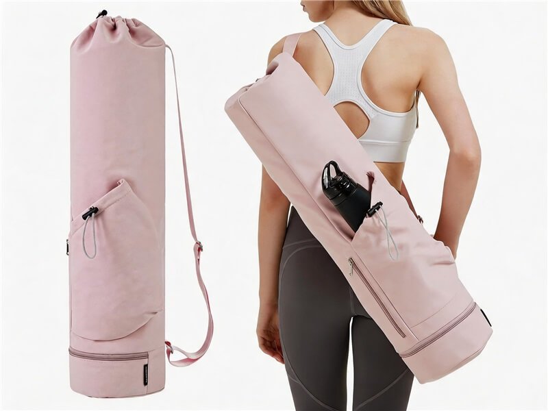 Custom Yoga Studio Bags - Fmosbag - Oem Bag Manufacturer & Custom Bag Factory - Fmosbag - Oem Bag Manufacturer & Custom Bag Factory Pink Yoga Studio Bag with Mat Holder Carried by a Woman in Activewear - Fmosbag - Oem Bag Manufacturer & Custom Bag Factory - Fmosbag - Oem Bag Manufacturer & Custom Bag Factory