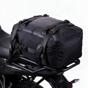 Black Motorcycle Luggage Bag Secured to a Rear Rack with Straps and Buckles on a Sports Bike. - Fmosbag - Oem Bag Manufacturer & Custom Bag Factory