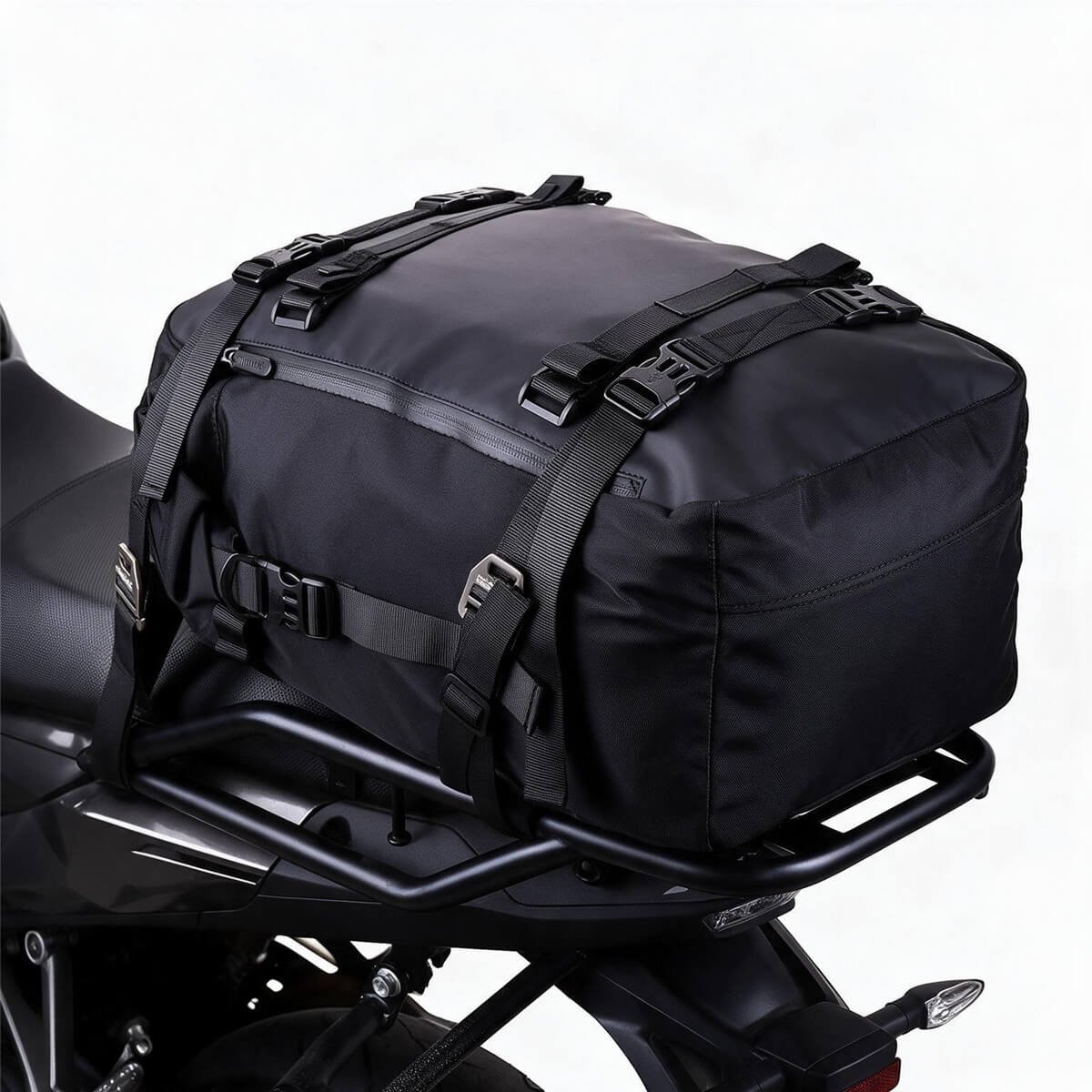 20260920bb01 - Fmosbag - Oem Bag Manufacturer & Custom Bag Factory Black Motorcycle Luggage Bag Secured to a Rear Rack with Straps and Buckles on a Sports Bike. - Fmosbag - Oem Bag Manufacturer & Custom Bag Factory