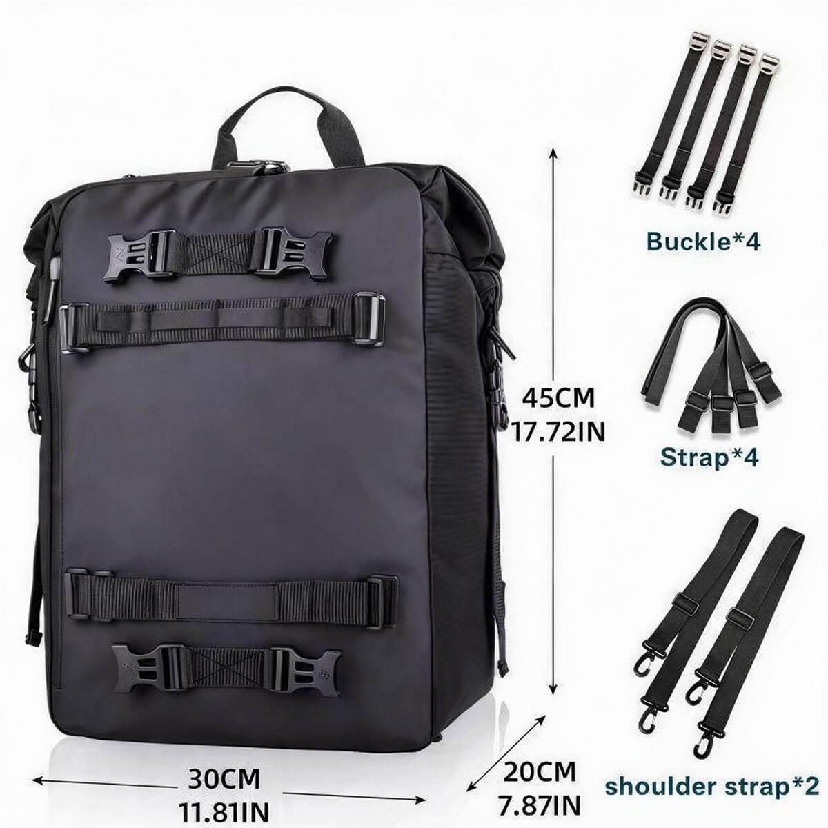 20260920bb02 - Fmosbag - Oem Bag Manufacturer & Custom Bag Factory Black Travel Backpack with Multiple Exterior Buckles and Straps; Shows Four Buckles, Four Strap Pieces, and Two Shoulder Straps; Size 45×30×20 Cm. - Fmosbag - Oem Bag Manufacturer & Custom Bag Factory