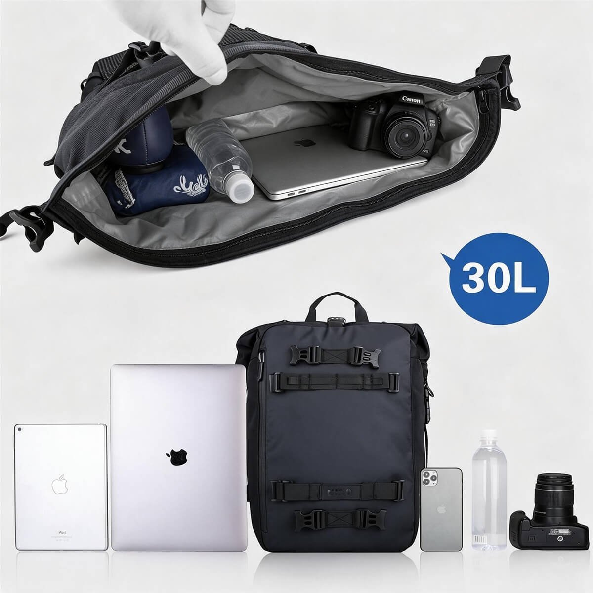 20260920bb03 - Fmosbag - Oem Bag Manufacturer & Custom Bag Factory Open 30l Backpack Showing Camera, Laptop, Water Bottle and Clothes Inside. - Fmosbag - Oem Bag Manufacturer & Custom Bag Factory