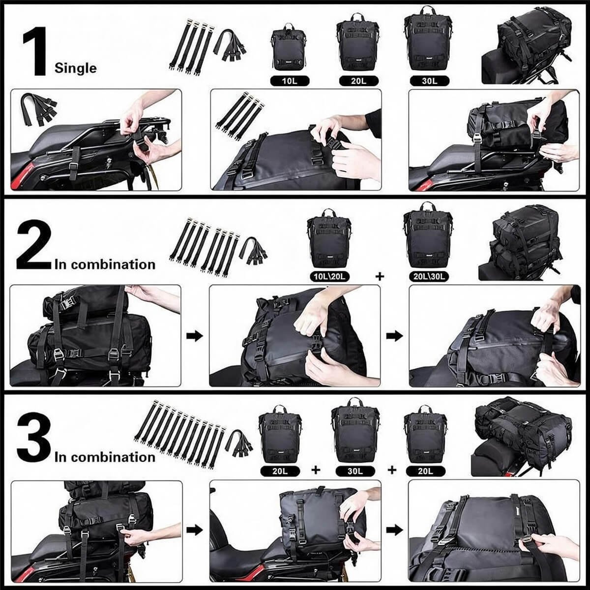 Modular Motorcycle Tail Bag 10l 20l 30l Combination Guide - Fmosbag - Oem Bag Manufacturer & Custom Bag Factory Modular Motorcycle Tail Bag 10l 20l 30l Single Double Triple Combination Installation Steps - Fmosbag - Oem Bag Manufacturer & Custom Bag Factory