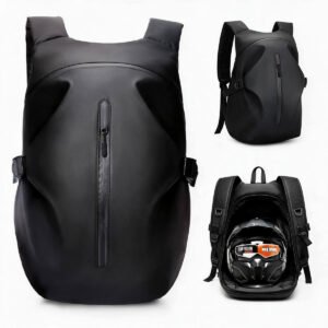 Motorcycle Backpack Waterproof Black Riding Rucksack with Helmet Compartment Front and Rear View - Fmosbag - Oem Bag Manufacturer & Custom Bag Factory