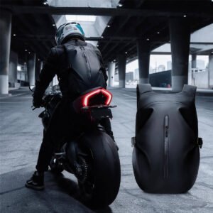 Black Motorcycle Rucksack on Sport Bike Under Bridge Night Riding with Studio Front View - Fmosbag - Oem Bag Manufacturer & Custom Bag Factory