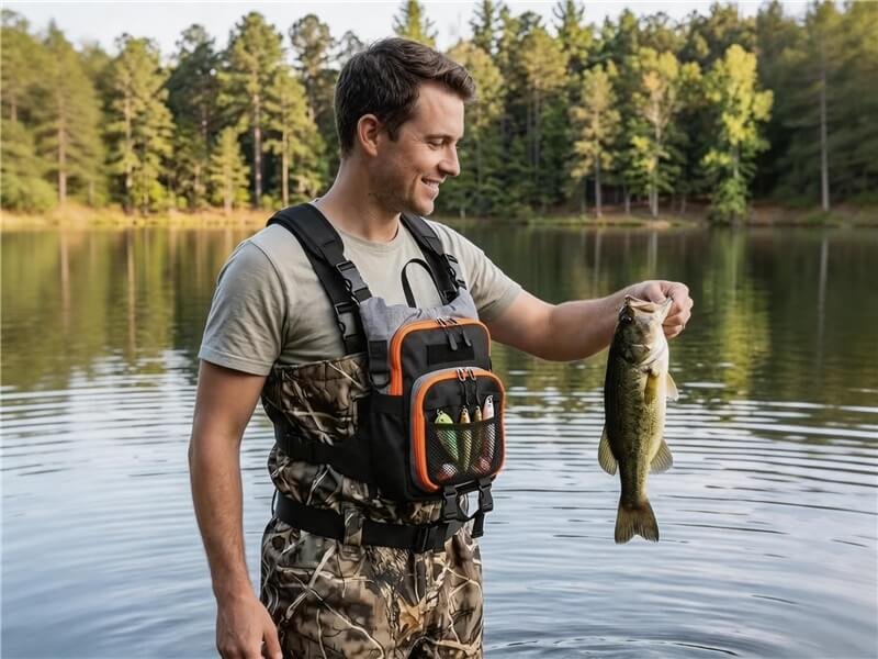 Fly Fishing Wading Chest Packs Wholesale - Fmosbag - Oem Bag Manufacturer & Custom Bag Factory - Fmosbag - Oem Bag Manufacturer & Custom Bag Factory Angler Wearing a Fly Fishing Chest Pack While Wading, Fitted with a Net Holder - Fmosbag - Oem Bag Manufacturer & Custom Bag Factory - Fmosbag - Oem Bag Manufacturer & Custom Bag Factory