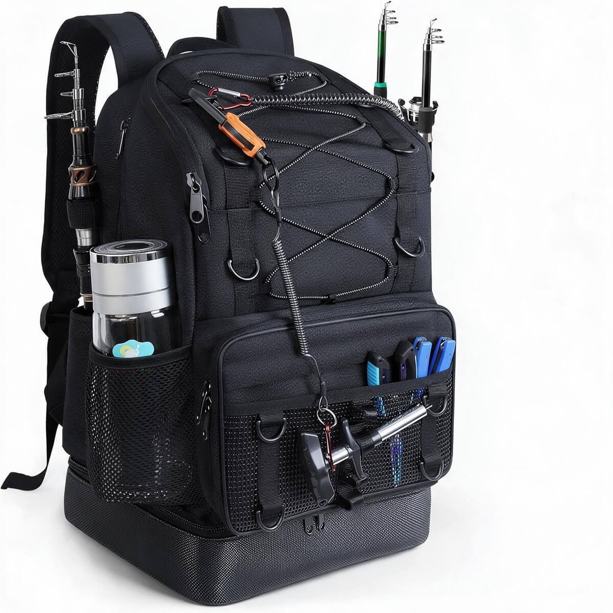 Fishing Backpack Tackle 30l Black - Fmosbag - Oem Bag Manufacturer & Custom Bag Factory Fishing Backpack Tackle, Black 30l Tackle Backpack with Rod Holders, Front Tool Pocket and Cup Holder on White Background - Fmosbag - Oem Bag Manufacturer & Custom Bag Factory