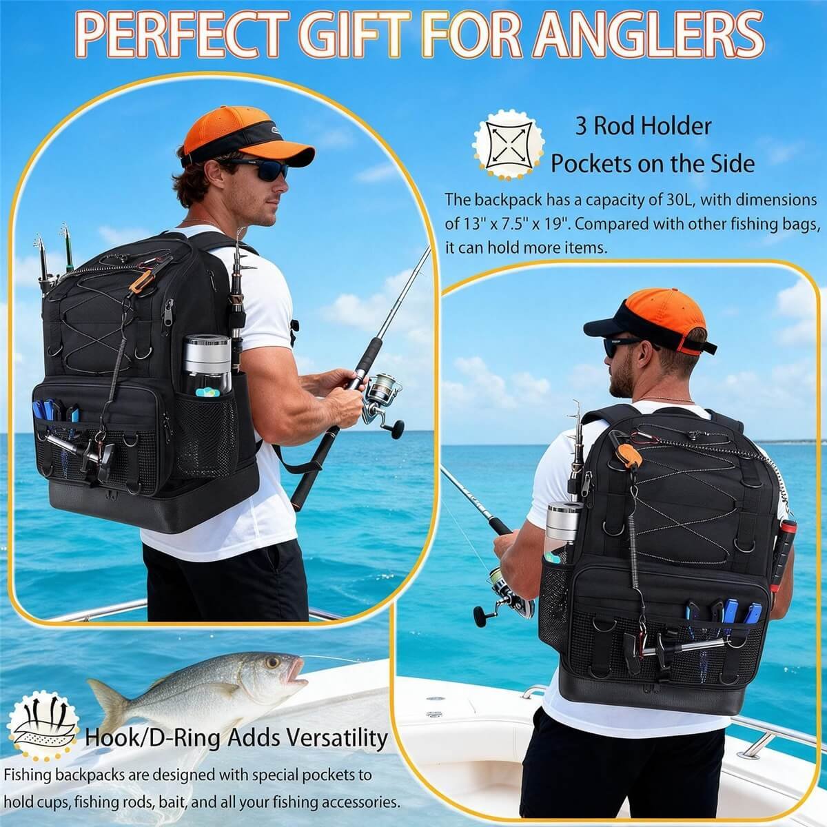 Fishing Backpack with Rod Holders for Boat Fishing - Fmosbag - Oem Bag Manufacturer & Custom Bag Factory Angler Wearing a Fishing Backpack with Rod Holders on a Boat, 30l Black Tackle Backpack for Saltwater Fishing - Fmosbag - Oem Bag Manufacturer & Custom Bag Factory