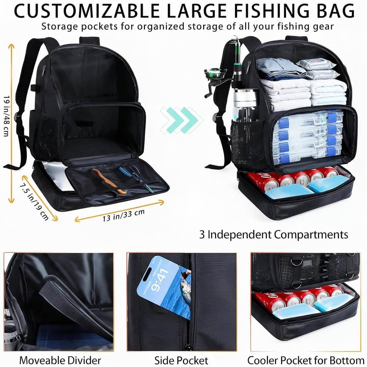 Fishing Tackle Backpack with Three Compartments - Fmosbag - Oem Bag Manufacturer & Custom Bag Factory Fishing Tackle Backpack with Three Independent Compartments Holding Clothes, Four 3600 Trays and Drinks with Ice Packs - Fmosbag - Oem Bag Manufacturer & Custom Bag Factory