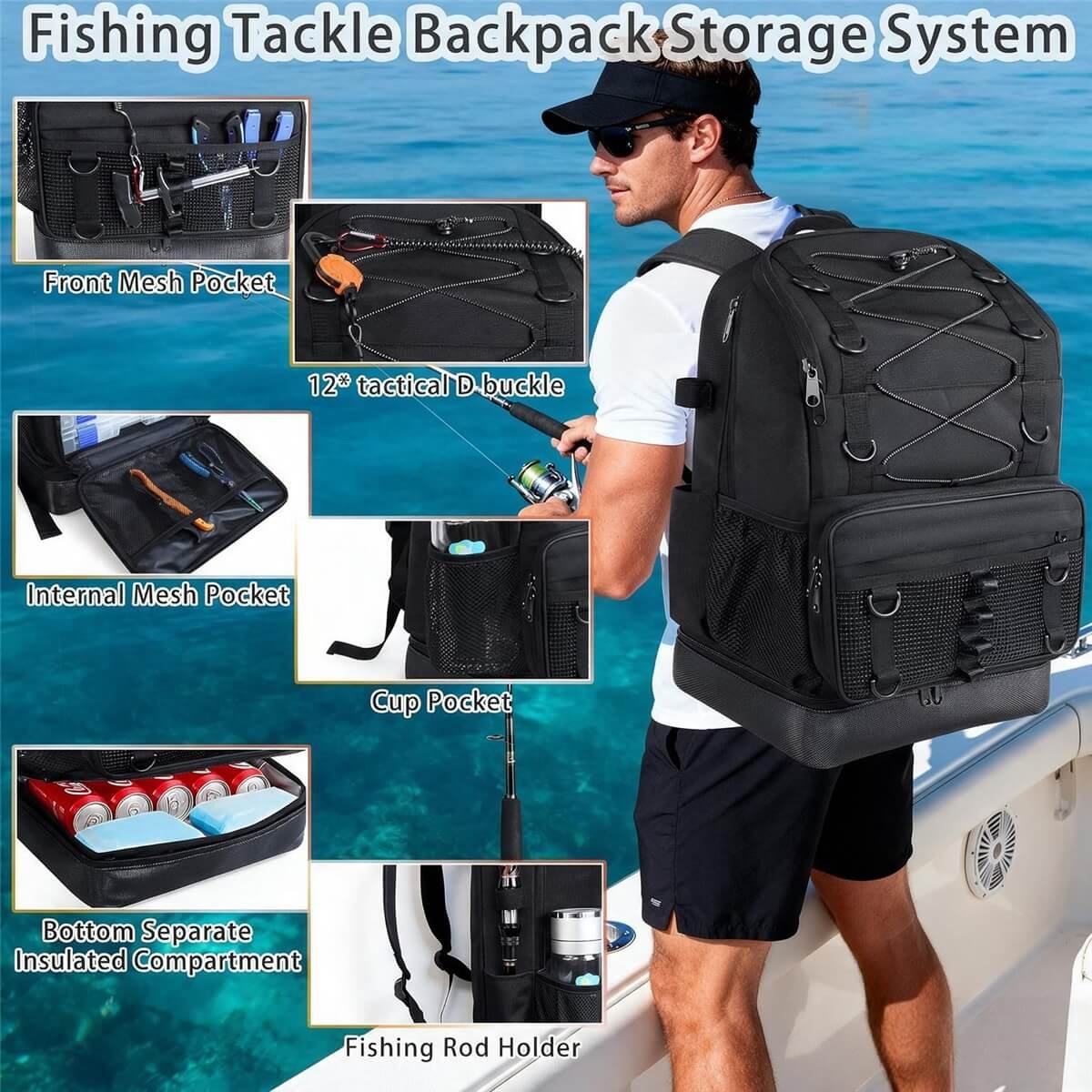 Tackle Backpack Storage System with 12 D-buckles - Fmosbag - Oem Bag Manufacturer & Custom Bag Factory Tackle Backpack Storage System with Front Mesh Pocket, 12 Tactical D-buckles, Cup Pocket, Insulated Bottom and Rod Holder - Fmosbag - Oem Bag Manufacturer & Custom Bag Factory