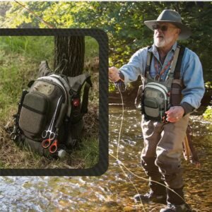 Angler Wearing a Fly Fishing Chest Pack While Wading a Shallow Stream, Pack Beside a Tree with Pliers - Fmosbag - Oem Bag Manufacturer & Custom Bag Factory
