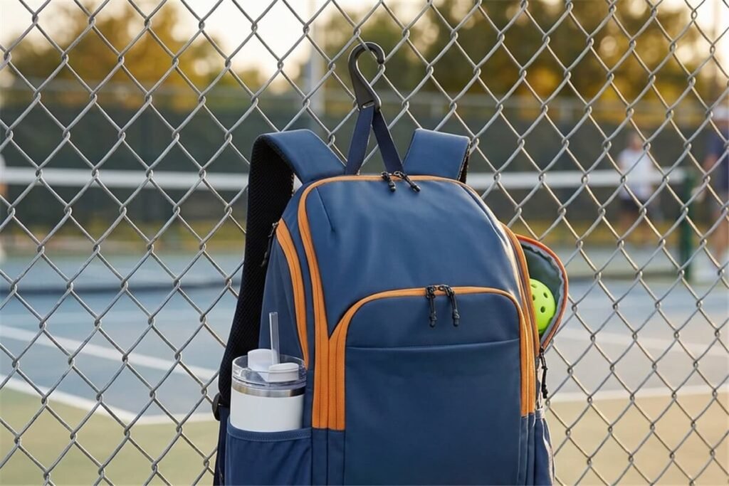 Pickleball Bag Fence Hook Supplier - Fmosbag - Oem Bag Manufacturer & Custom Bag Factory - Fmosbag - Oem Bag Manufacturer & Custom Bag Factory Pickleball Bag Hanging on Chain-link Court Fence by a Stowaway Fence Hook - Fmosbag - Oem Bag Manufacturer & Custom Bag Factory - Fmosbag - Oem Bag Manufacturer & Custom Bag Factory