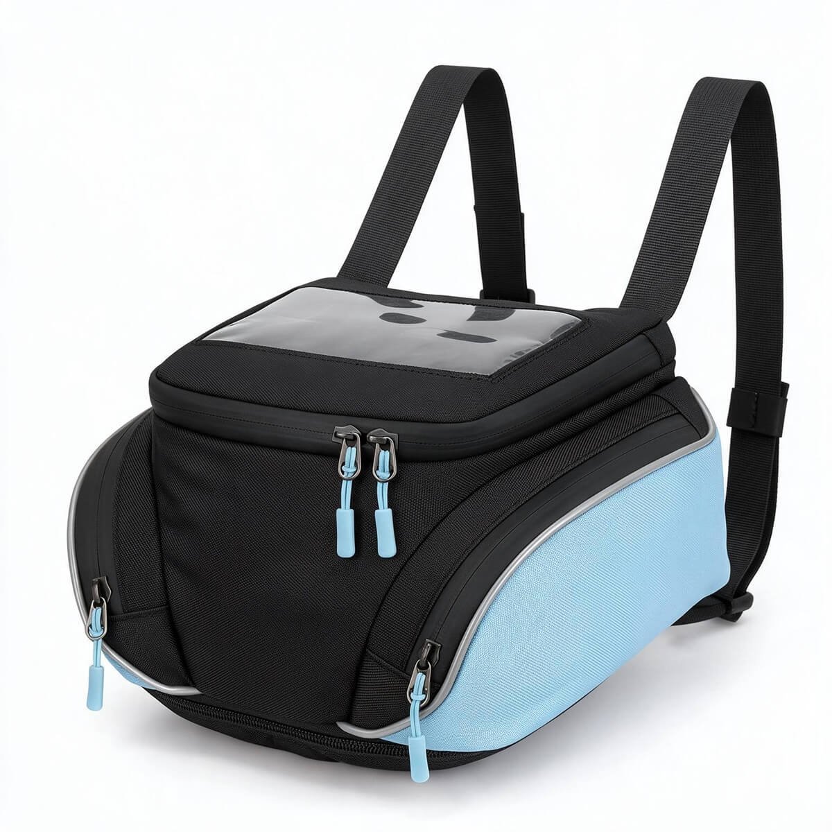 Waterproof Magnetic Motorcycle Tank Bag | Black & Light Blue - Fmosbag - Oem Bag Manufacturer & Custom Bag Factory Waterproof Magnetic Motorcycle Tank Bag Black Light Blue with Shoulder Straps Metal Zippers White Background - Fmosbag - Oem Bag Manufacturer & Custom Bag Factory