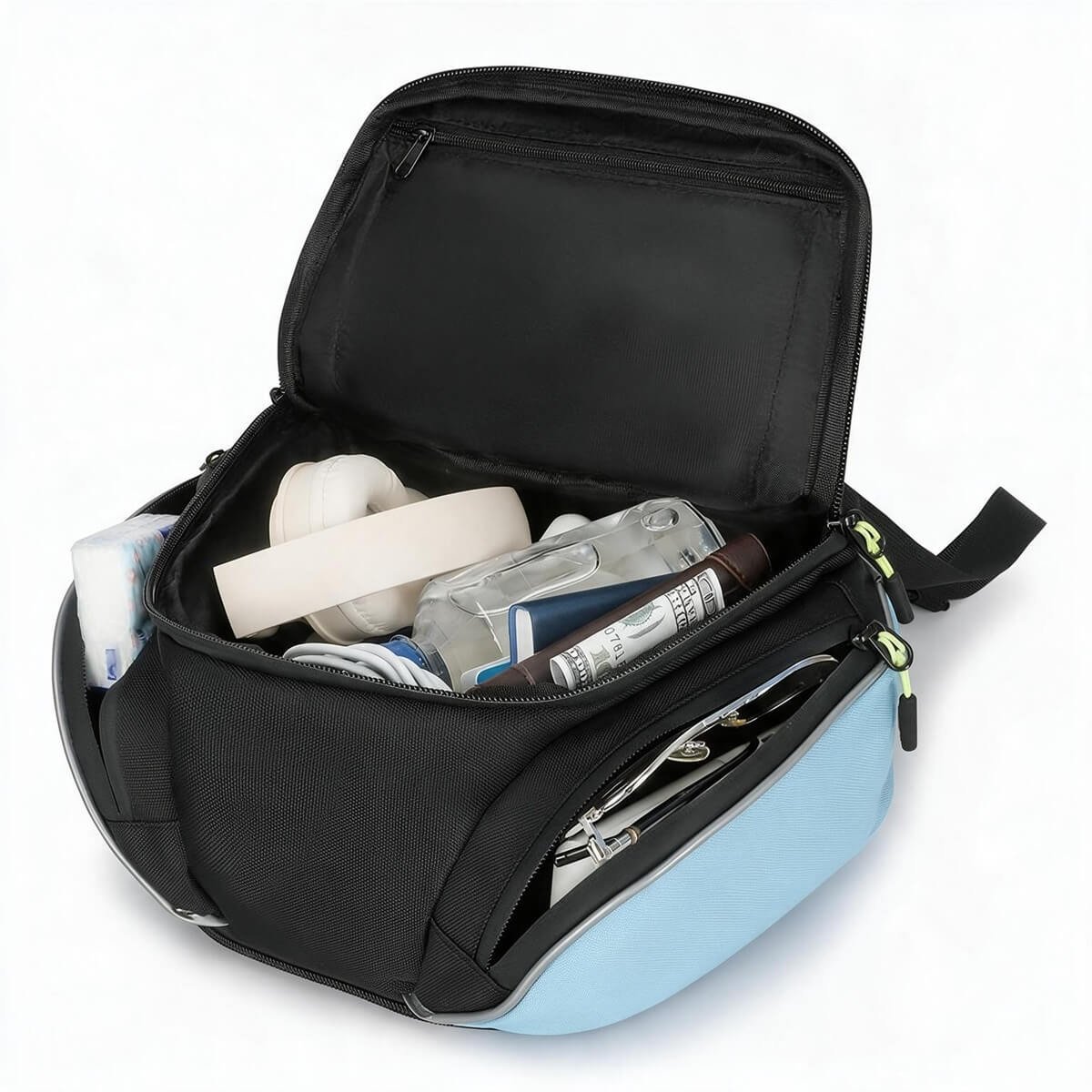Magnetic Motorcycle Tank Bag Interior Storage & Side Pocket - Fmosbag - Oem Bag Manufacturer & Custom Bag Factory Magnetic Motorcycle Tank Bag Open Main Compartment with Headphones Water Bottle Passport Sunglasses Side Pocket - Fmosbag - Oem Bag Manufacturer & Custom Bag Factory